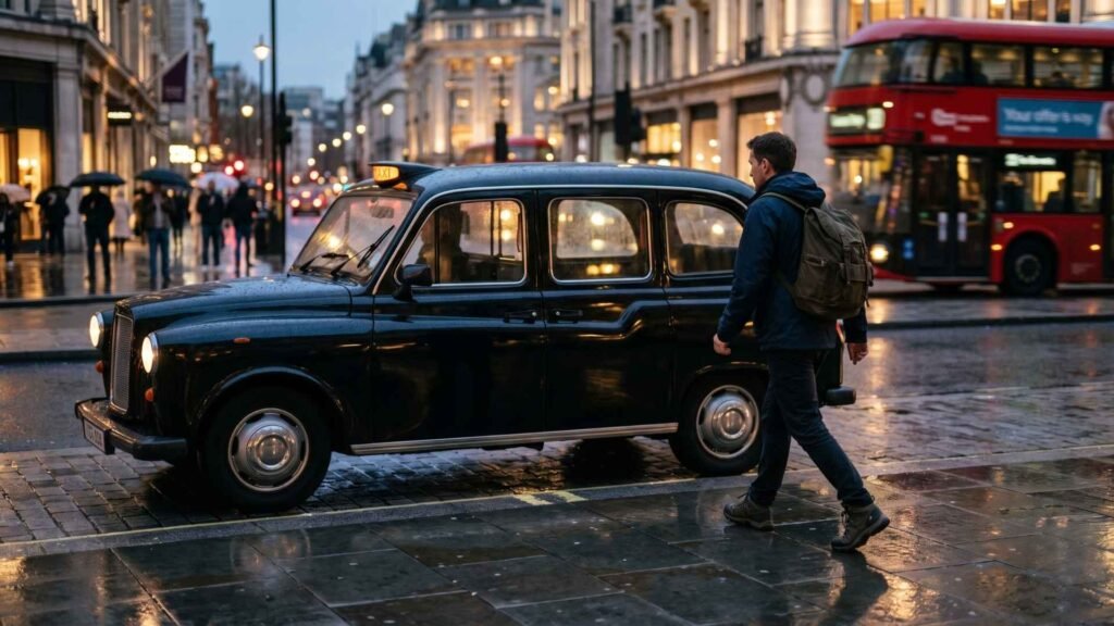 Traveler with a backpack walking toward a black cab taxi on a London street at dusk