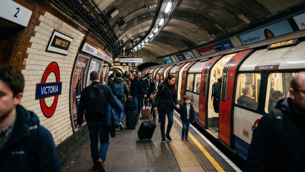 Passengers with luggage on a crowded London Underground platform at Victoria station next to a Tube train