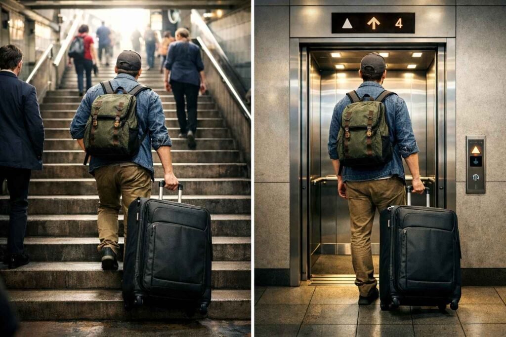 Traveler with a suitcase choosing between stairs and an elevator while carrying luggage in a city transport setting