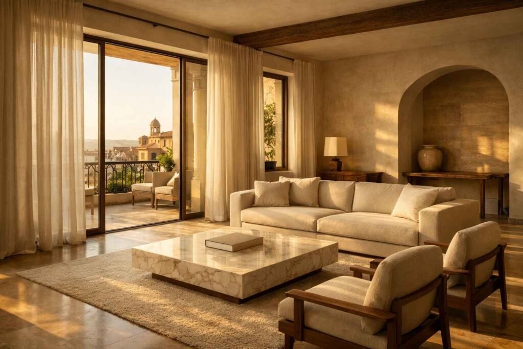 luxury apartment interior in Spain with natural sunlight and minimal furniture showing an unused property