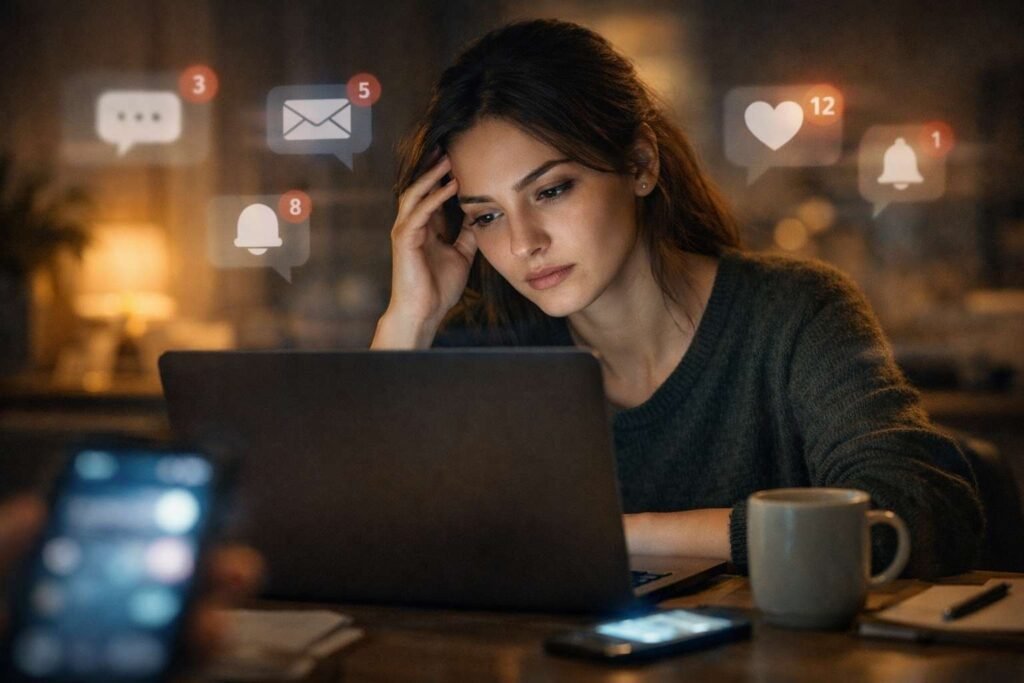 woman overwhelmed by multiple notifications while working on laptop showing digital distraction and mental fatigue