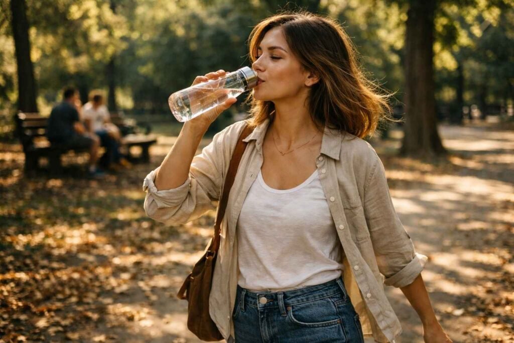midday reset walking in park, woman drinking water during a calm outdoor break in warm sunlight