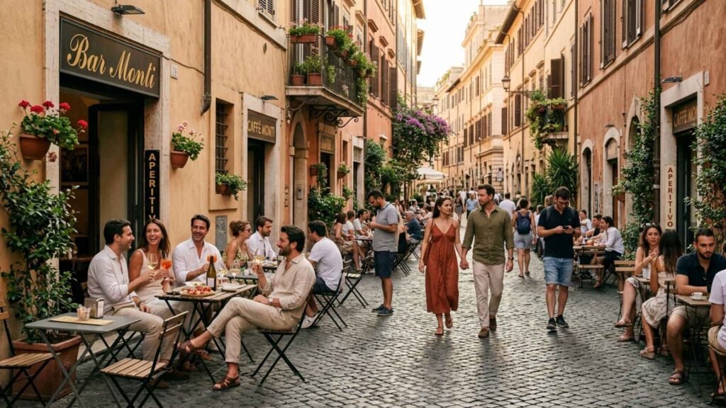 Monti Rome aperitivo street scene with locals enjoying wine and outdoor cafes in a stylish neighborhood setting