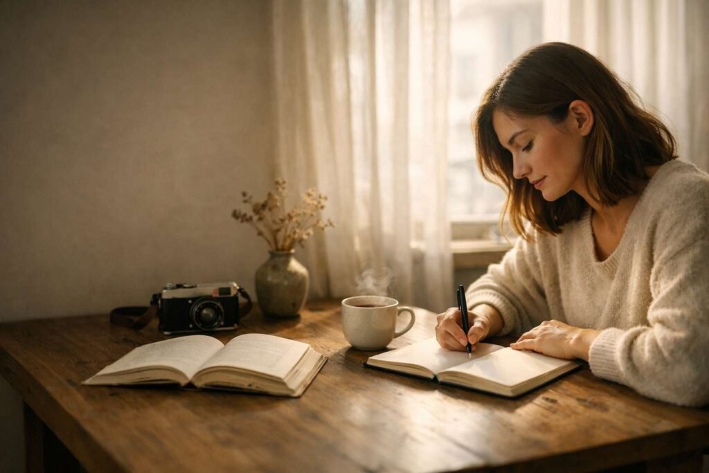 woman writing in notebook with coffee and analog camera representing slow offline lifestyle