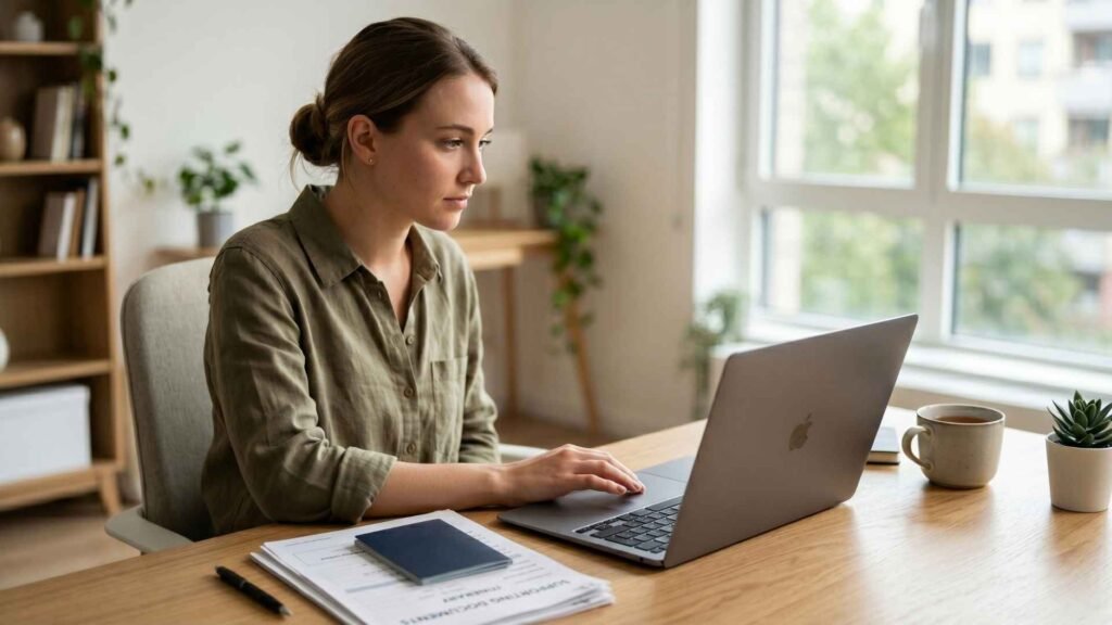Person filling travel application form online on laptop with passport nearby