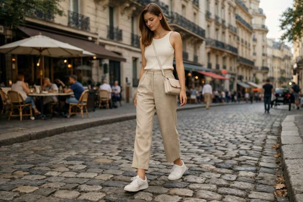 Parisian summer style with woman wearing neutral outfit and sneakers walking on a cobblestone street in Paris