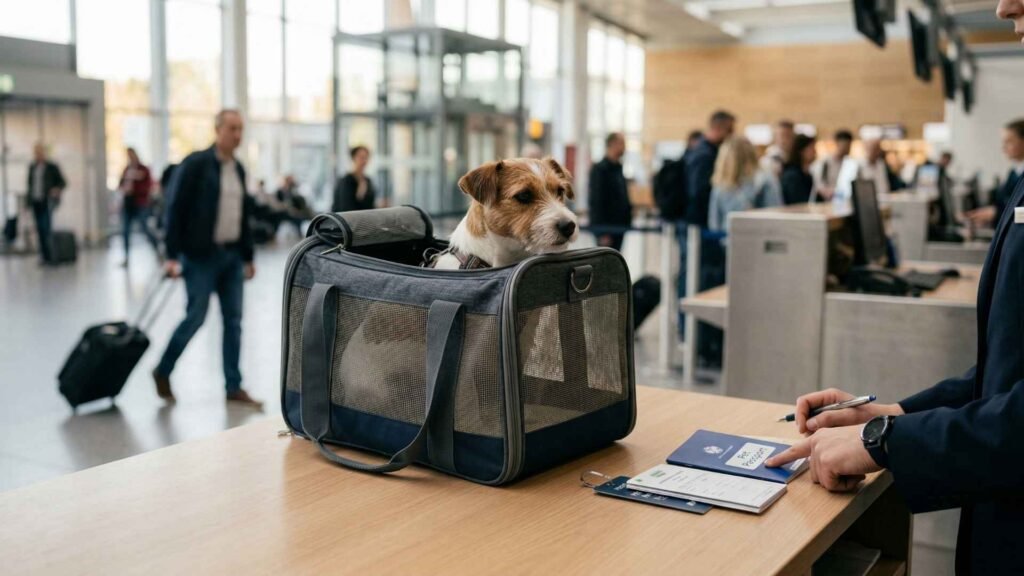 dog in travel carrier at airport check-in counter with pet passport and documents