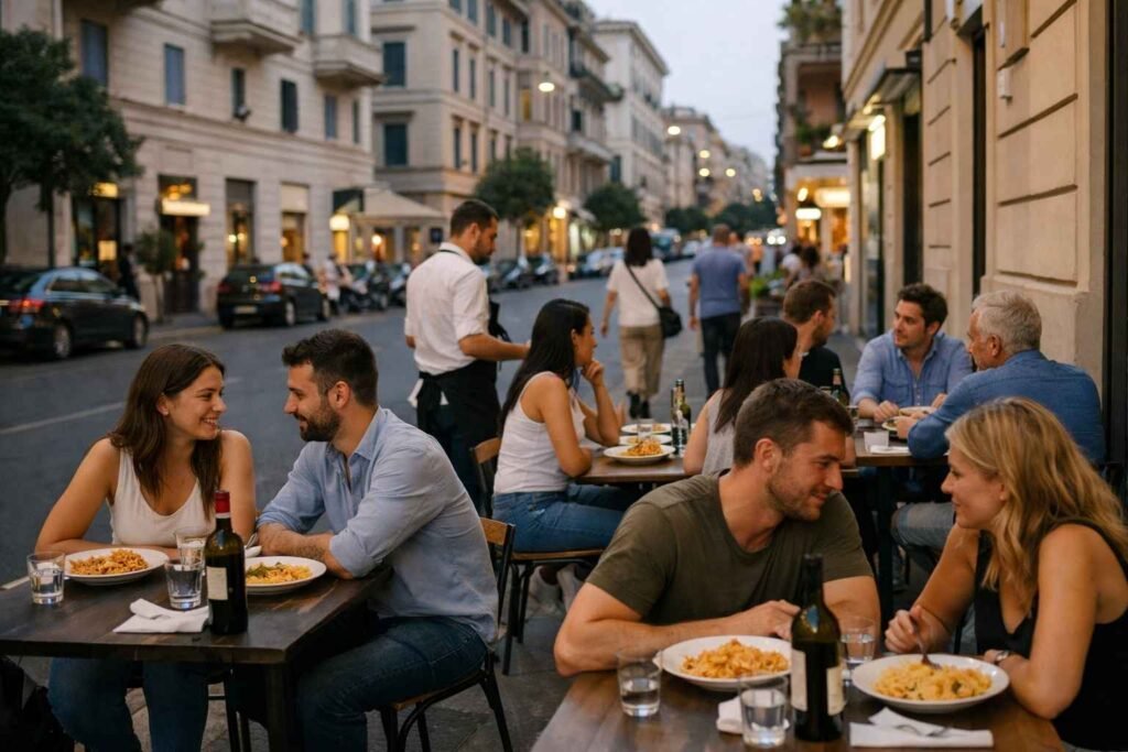Prati Rome evening dining scene with locals enjoying relaxed dinner on a quiet street