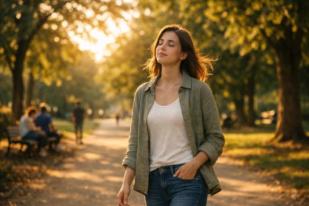woman taking a mindful walk in a park to reduce mental fatigue and feel mentally refreshed