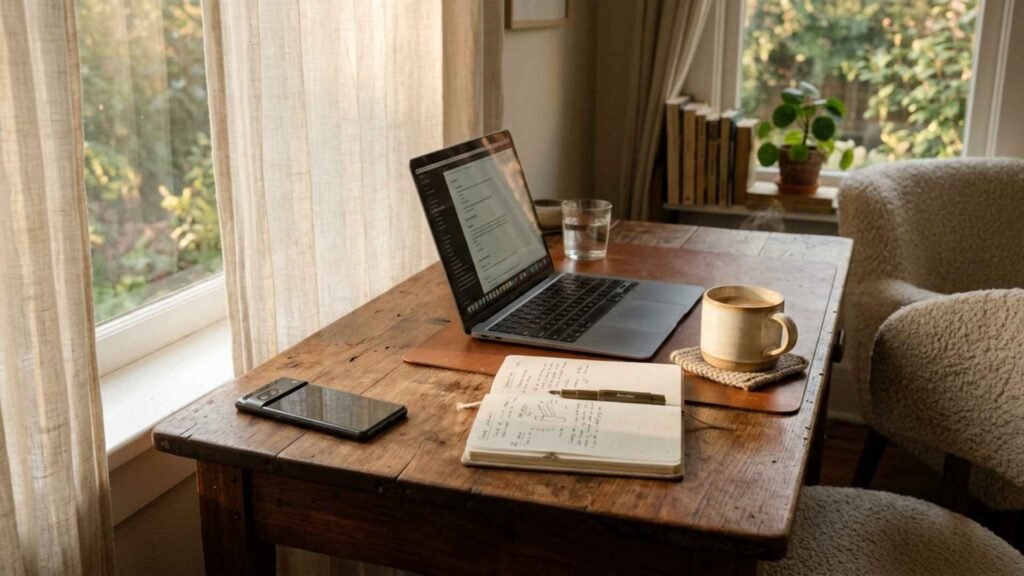 reduce distractions workspace with phone placed away from laptop clean desk natural light