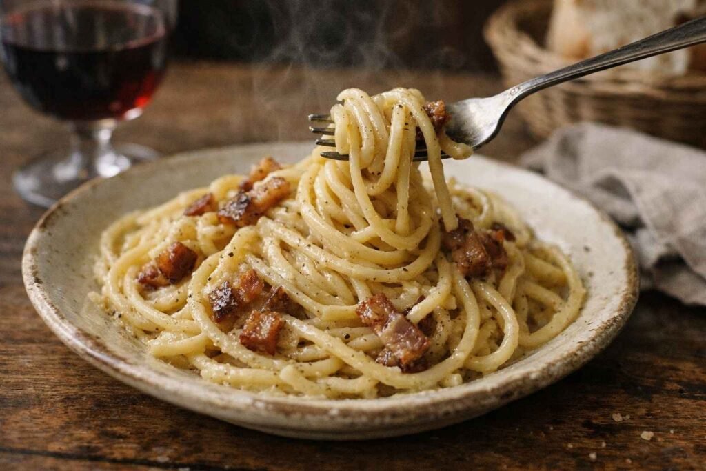 Authentic Roman carbonara in Testaccio Rome made with guanciale pecorino cheese and traditional pasta technique