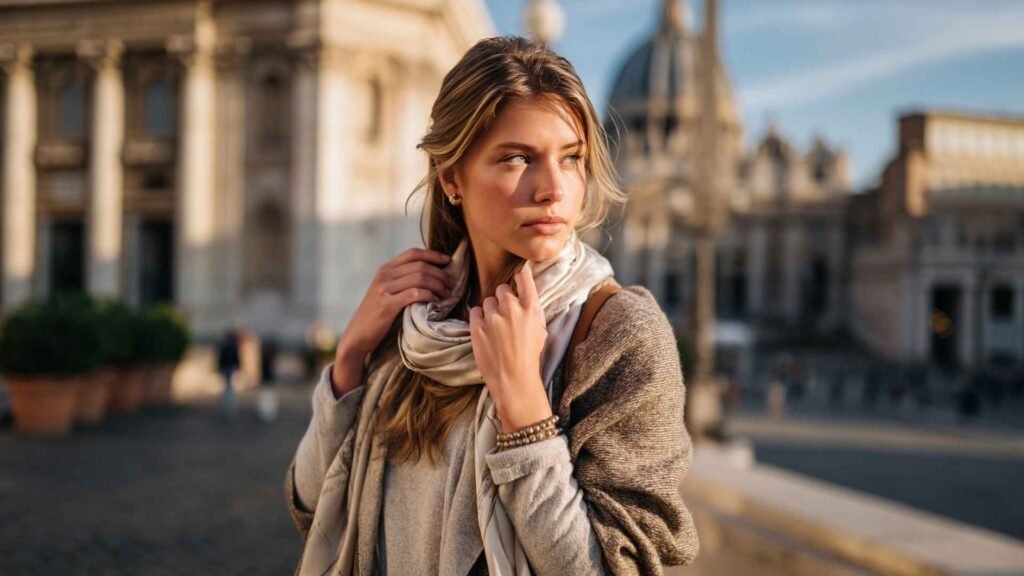 woman covering shoulders with scarf in Rome church dress code outfit