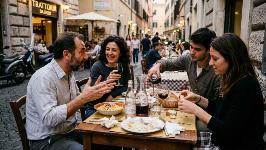 Rome local dining experience with wine, bread and pasta at a traditional trattoria table