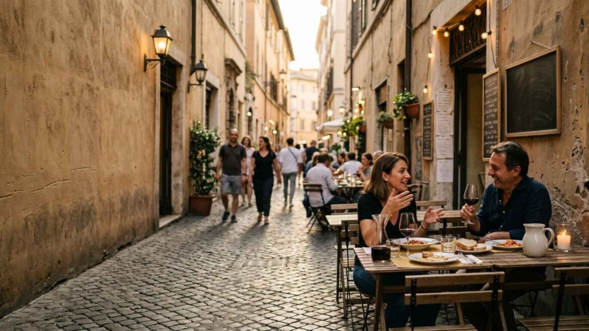 where locals eat in Rome authentic trattoria street with locals dining outdoors at golden hour