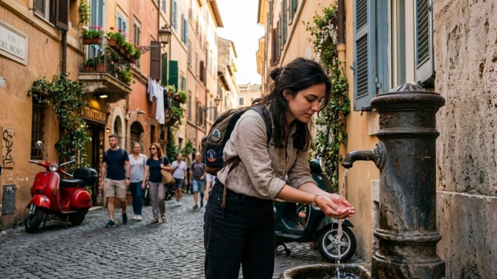 rome nasoni fountain free water woman filling hands from street fountain in rome local experience