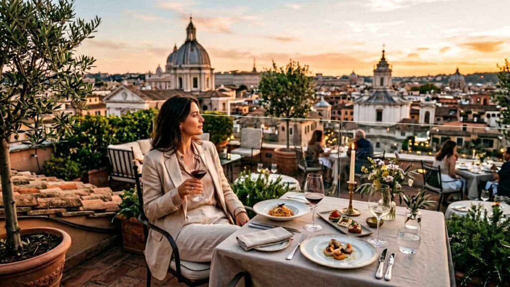 elegant woman enjoying rooftop dinner in Rome with city view at sunset
