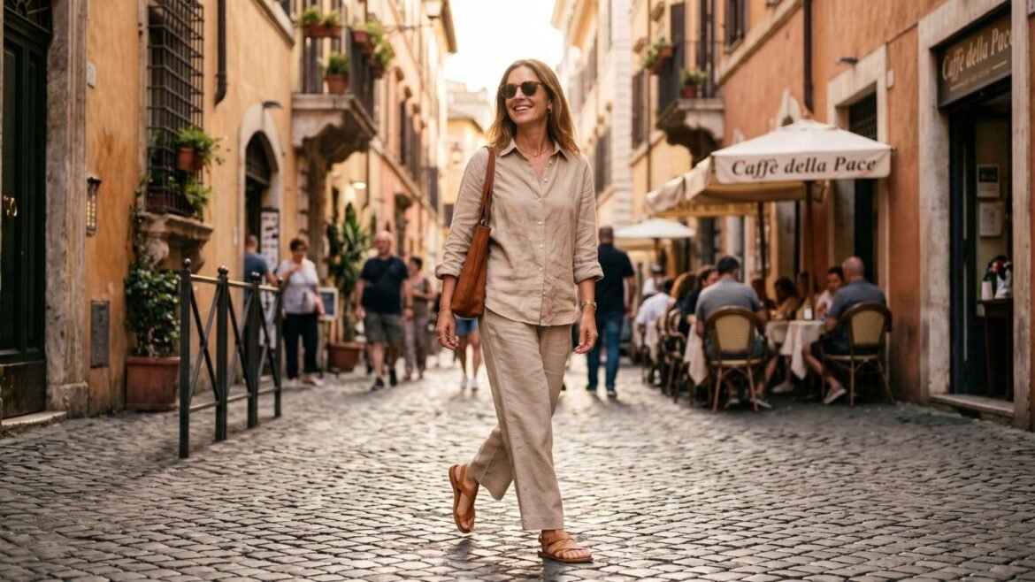 what to wear in Rome style: woman in a neutral linen outfit walking on a cobblestone street