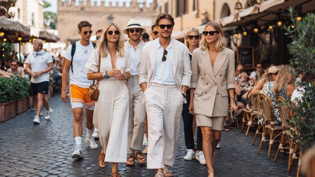 Rome street style with elegant linen outfits in neutral colors walking on cobblestone street