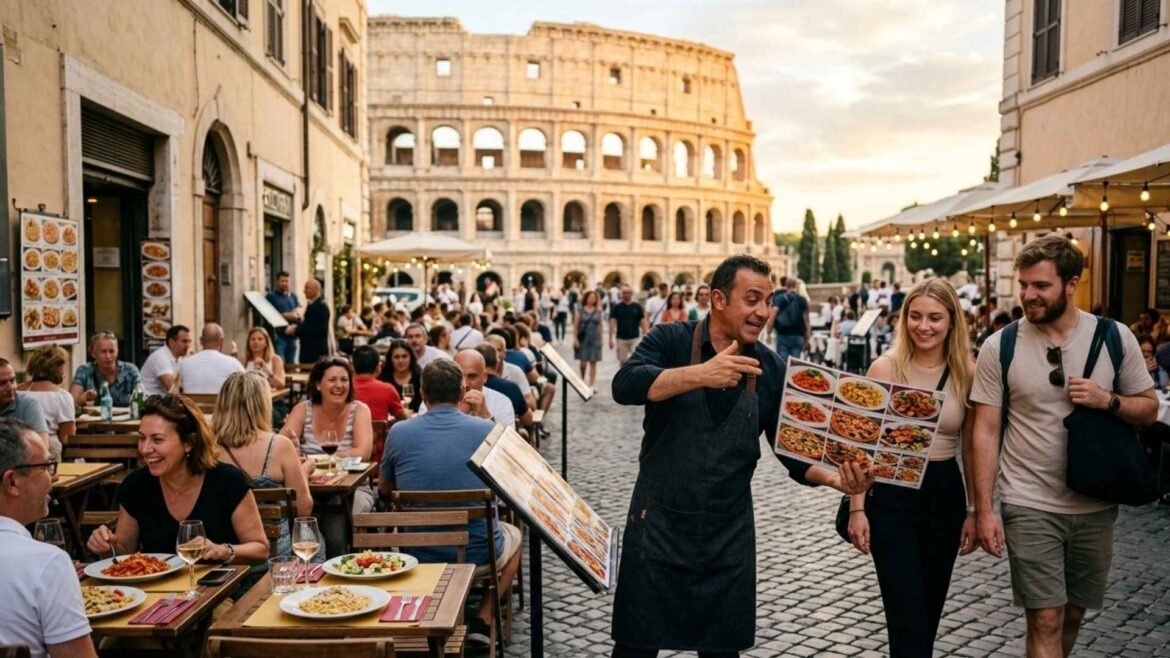 Tourist traps in Rome restaurant near the Colosseum with waiter showing photo menu to tourists