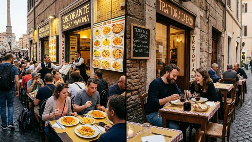 tourist trap vs authentic restaurant in Rome comparison crowded menu photos vs local trattoria dining experience
