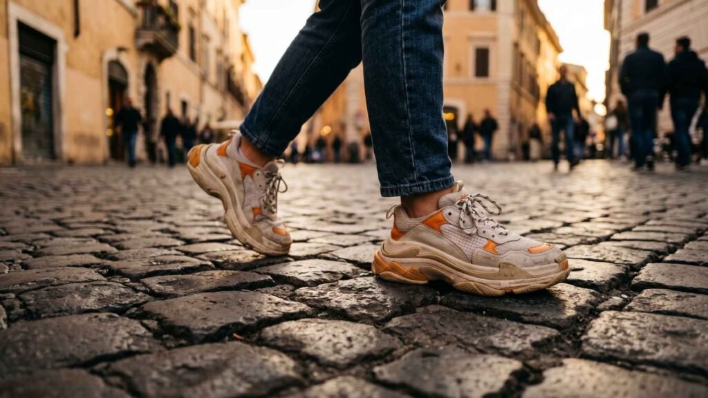 what not to wear in rome bulky sneakers on cobblestone streets
