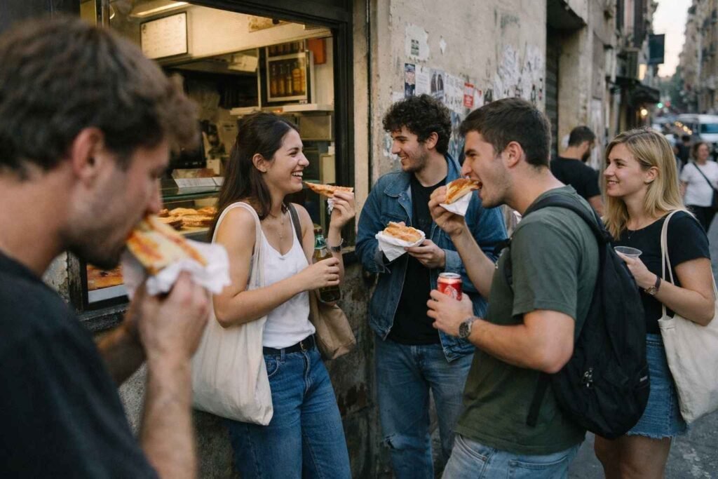 San Lorenzo Rome street food scene with young locals eating pizza al taglio outside a casual takeaway shop