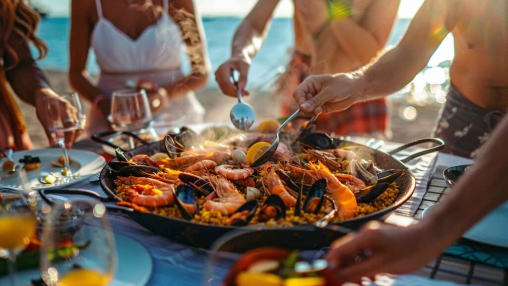 Seafood paella served on a beachside table in Barcelona with friends sharing food in warm sunset light