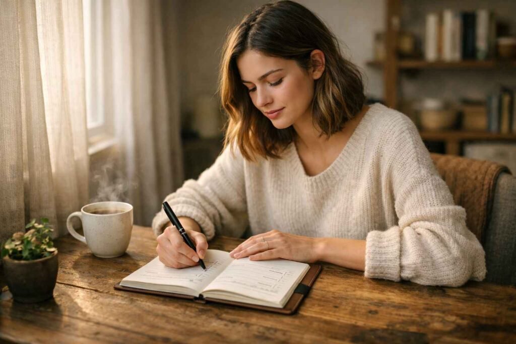 simple daily focus system planning in a cozy morning workspace, woman writing tasks in notebook with coffee and soft natural light