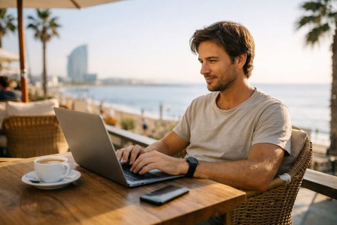 Spain Digital Nomad Visa 2026 remote work lifestyle in Barcelona beach cafe with laptop