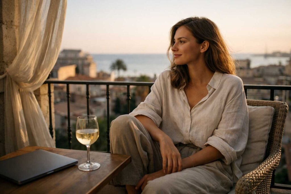 Female digital nomad relaxing on a balcony in Spain with sunset view, laptop closed, calm lifestyle scene