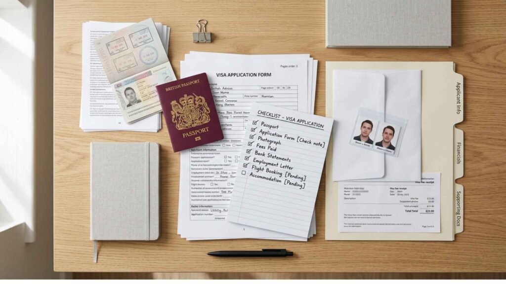 Spain Digital Nomad Visa application documents including passport, checklist, and paperwork organized on a desk