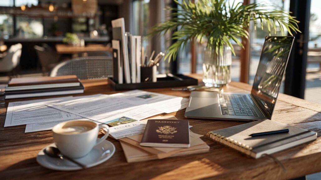 workspace with laptop passport documents and notebook for Spain digital nomad visa application process