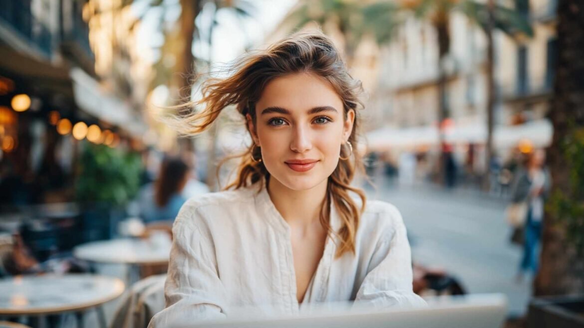 How to Apply for Spain Digital Nomad Visa: Woman working on laptop at outdoor café in Barcelona representing Spain digital nomad visa lifestyle