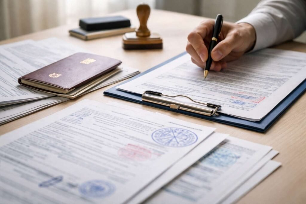 Spain Digital Nomad Visa 2026 document verification process with passport, stamped paperwork, and signed application forms