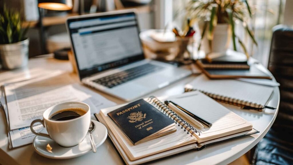 Spain digital nomad visa documents preparation with passport, laptop, notebook and coffee on a desk