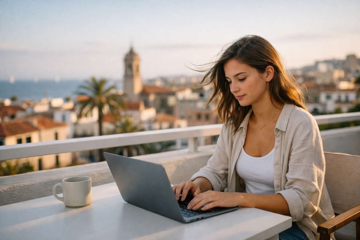 spain digital nomad visa taxes concept remote worker using laptop in Barcelona