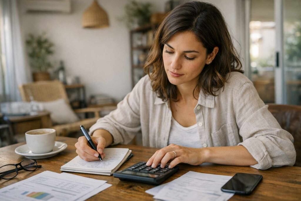 woman calculating taxes at home using calculator and writing notes