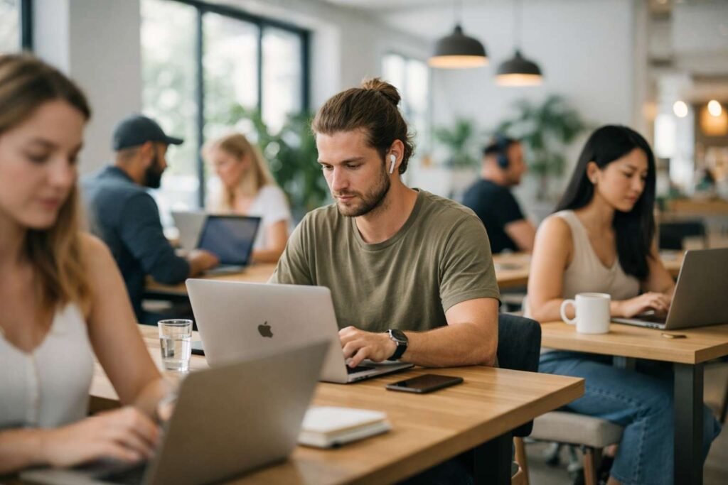 Spain digital nomad work environment in a modern coworking space with people working on laptops and strong internet connection