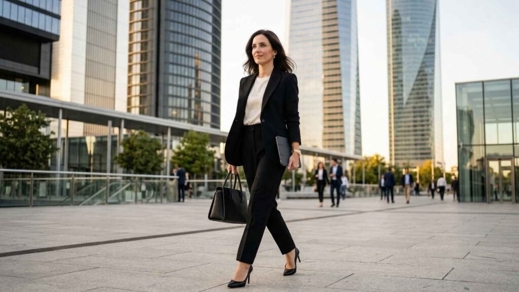 confident professional woman walking in Madrid financial district representing taxes in Spain for foreigners
