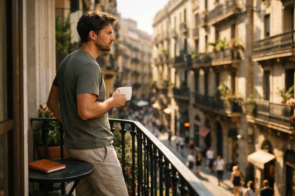 Spain tax residency concept visualized through an expat enjoying daily life in Barcelona while observing the city from a balcony