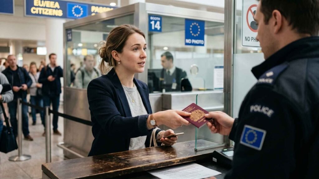 woman handing passport at Spain airport border control for tax residency concept