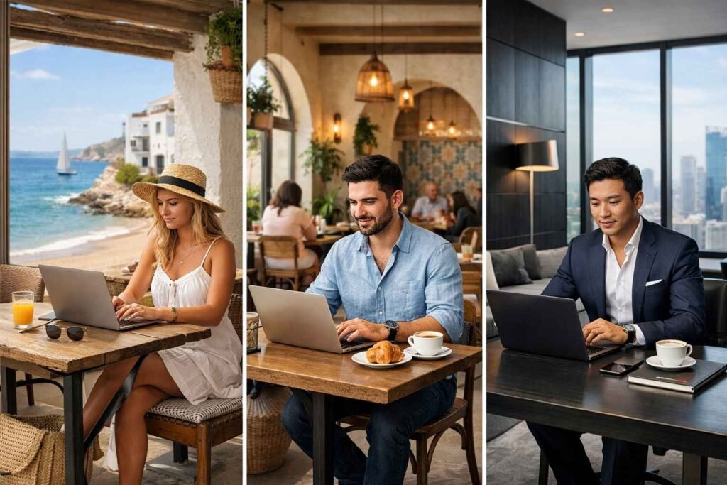 Spain vs Portugal vs Dubai digital nomad lifestyle comparison showing coastal, cafe, and modern business work environments