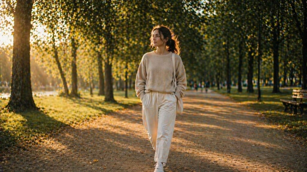stay focused all day with a calm outdoor walking reset in soft golden sunlight, young woman walking through a peaceful park to regain clarity and energy