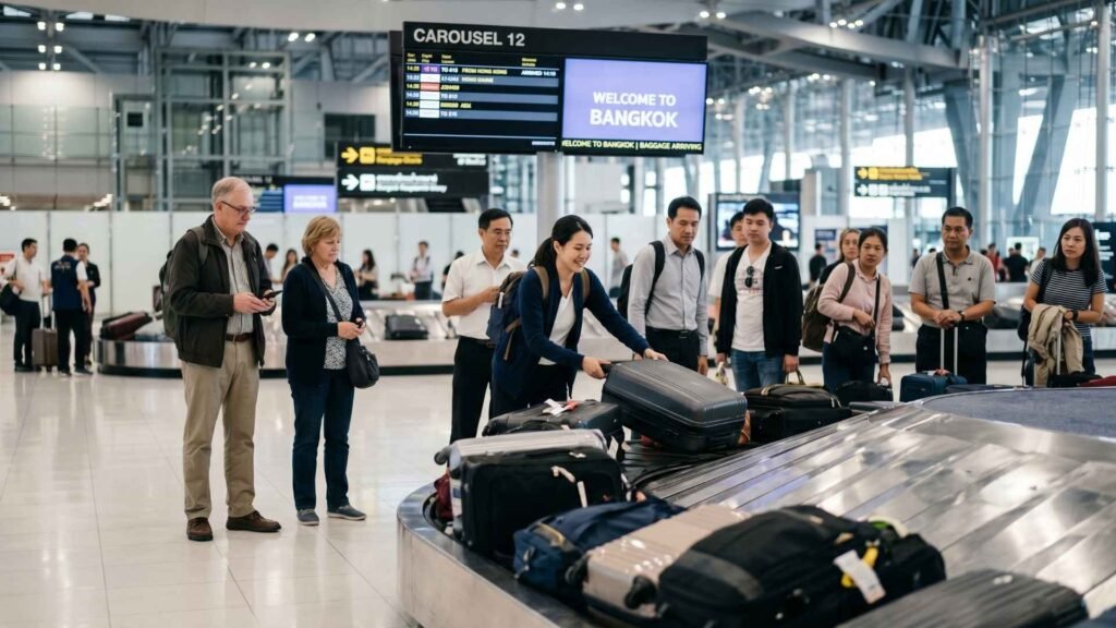 Travelers collecting luggage from baggage carousel at Bangkok Suvarnabhumi Airport arrival area