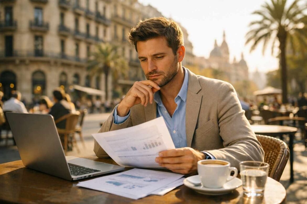 taxes in Spain for foreigners financial planning scene in Barcelona with expat reviewing documents at a cafe