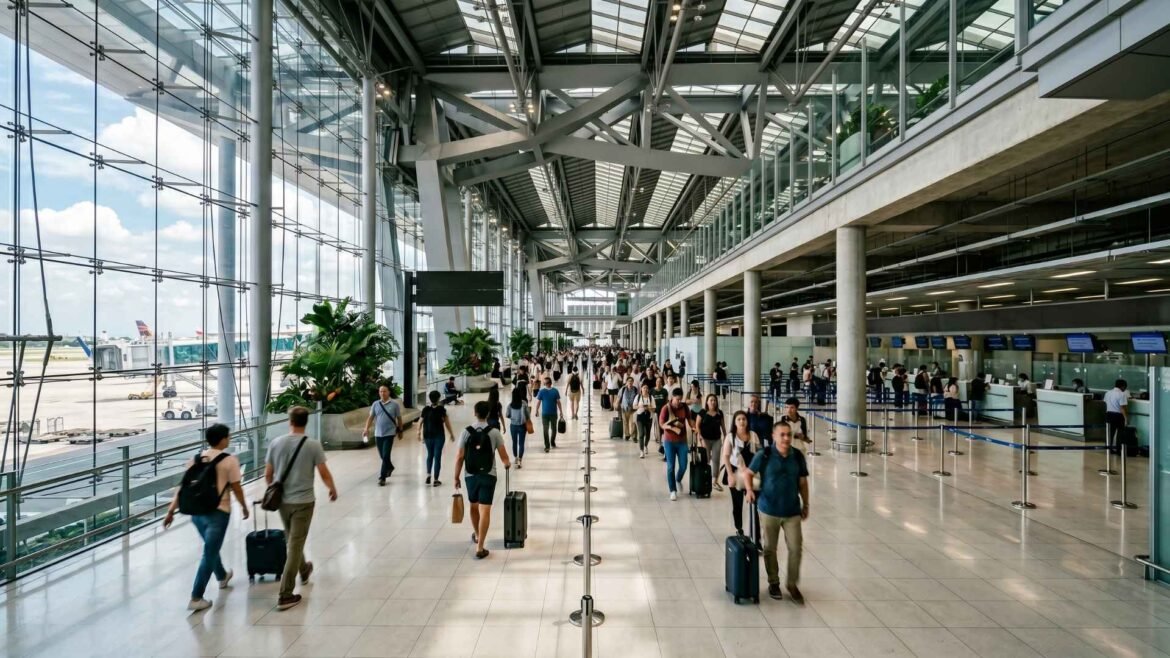 Thailand ETA & TDAC Guide 2026: Travelers arriving at Thailand airport immigration hall with modern passport control
