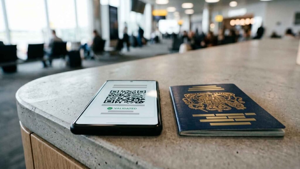 Smartphone displaying QR code for Thailand ETA and TDAC digital travel system