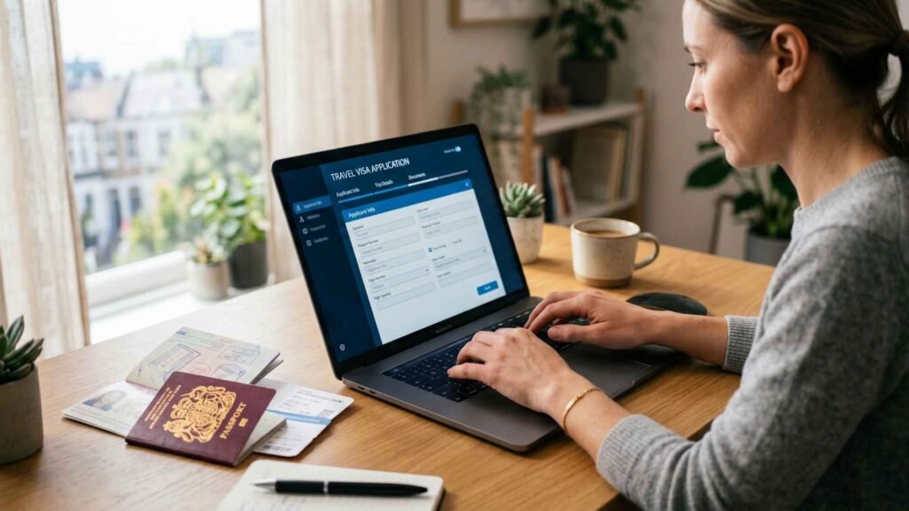 Person filling Thailand Digital Arrival Card TDAC form online with passport on desk