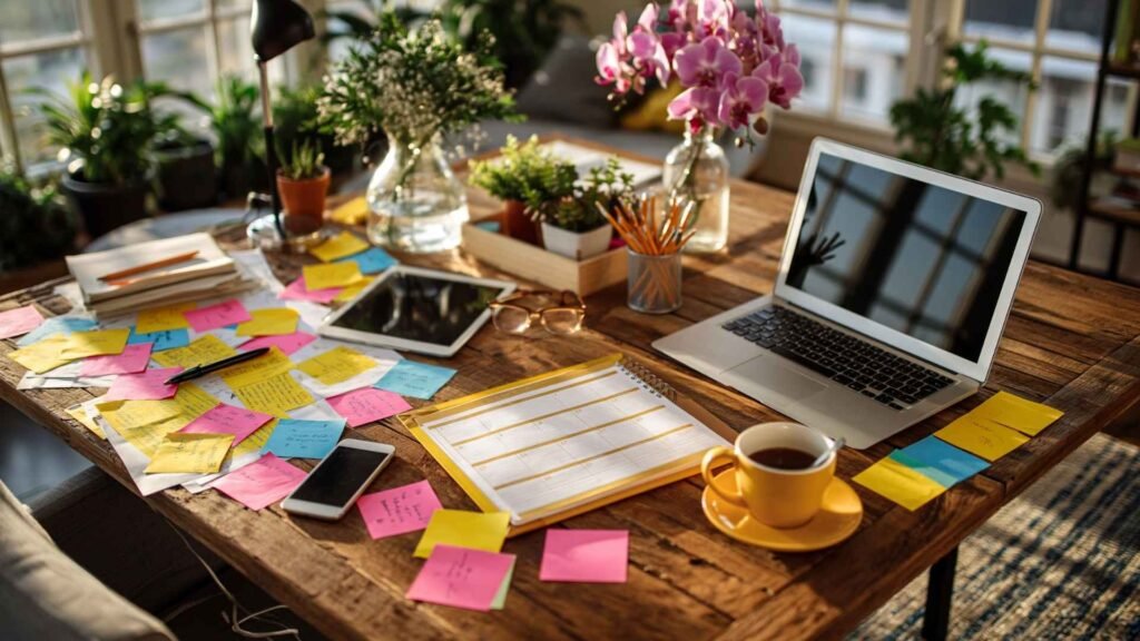 Messy desk with sticky notes and planner showing time blocking vs unstructured tasks