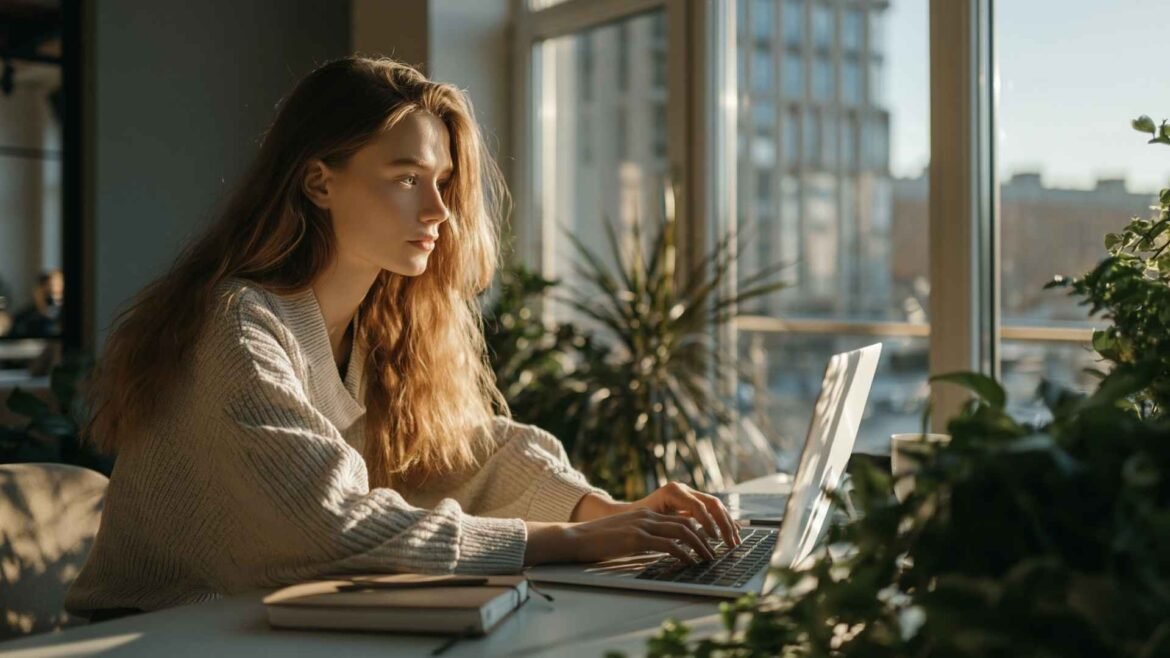 Time Blocking Guide : Focused woman working on laptop during deep work session using time blocking